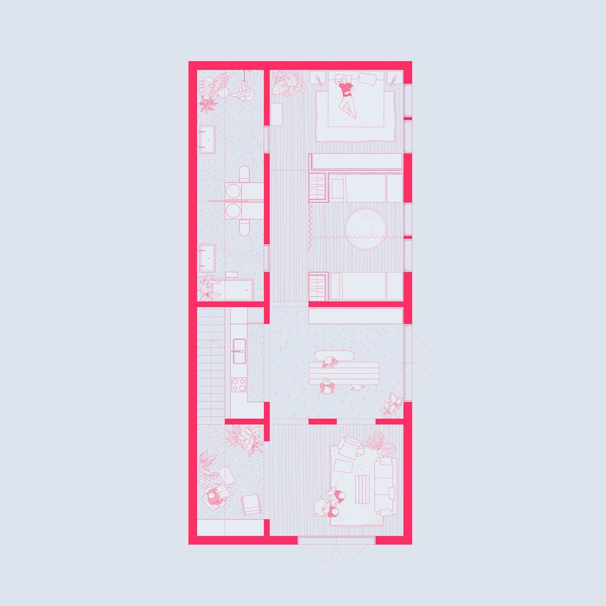 Townhouse level · Coral on pale blue