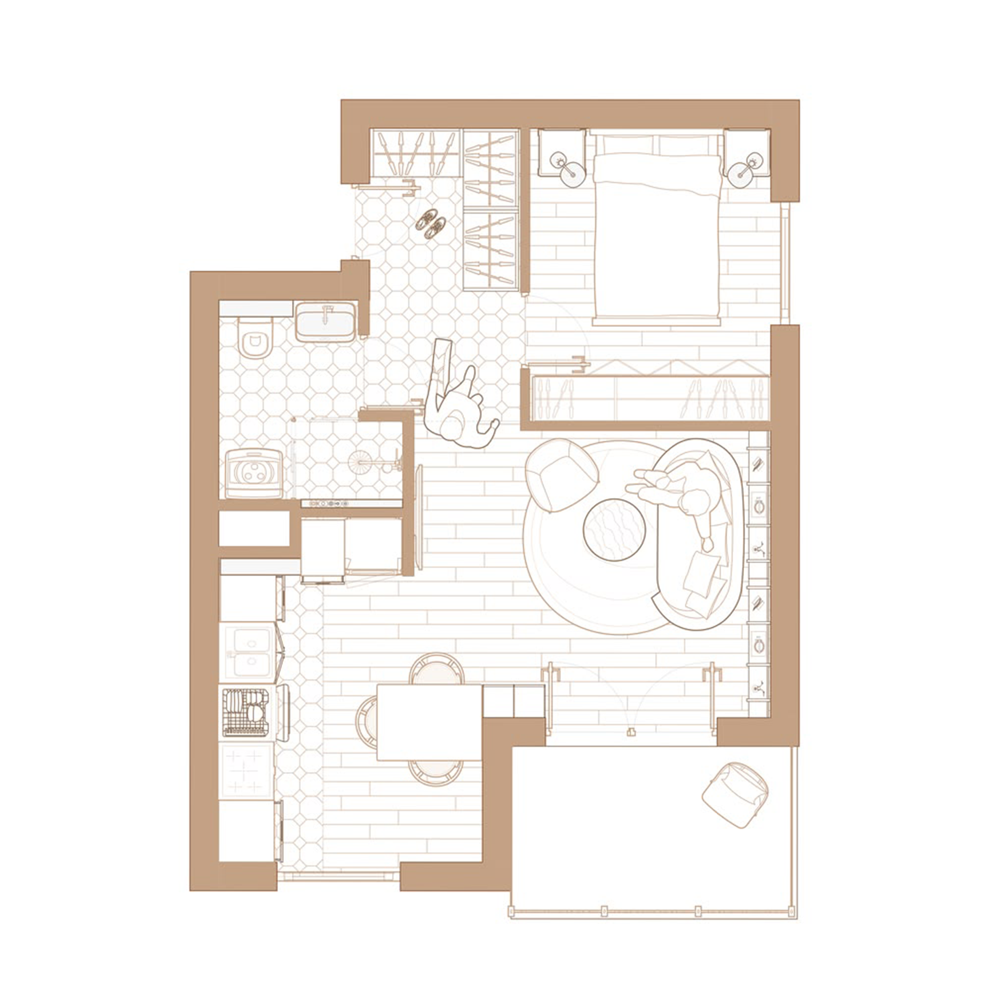 Studio apartment · Warm sepia